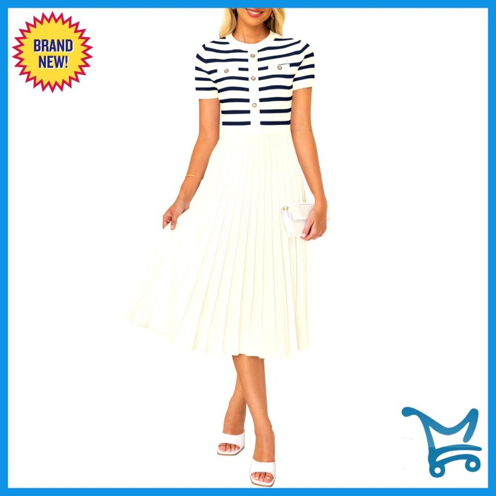 Casual Midi Dress Crewneck Short Sleeve Button Ribbed Knit Swing Pleated A-Line - Picture 1 of 7